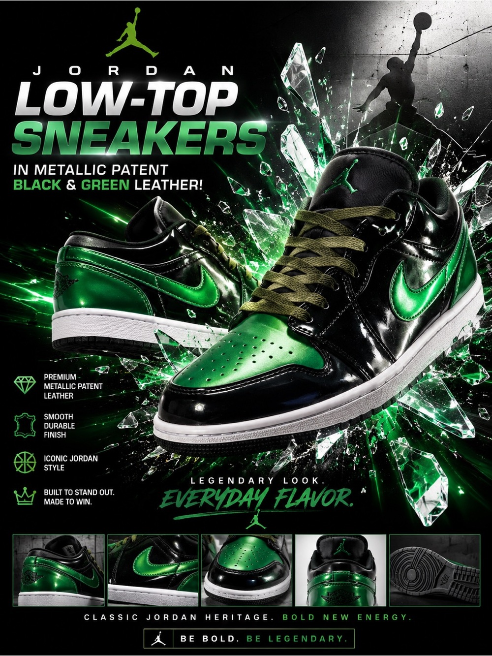 New!🔥Jordan Low-Top Sneakers in Metallic Patent Black & Green Leather!🔥